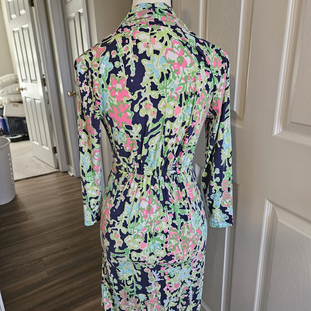 Lilly Pulitzer Navy Floral Long-Sleeve Wrap Midi Dress with Pink & Lime EUC - Picture 3 of 4